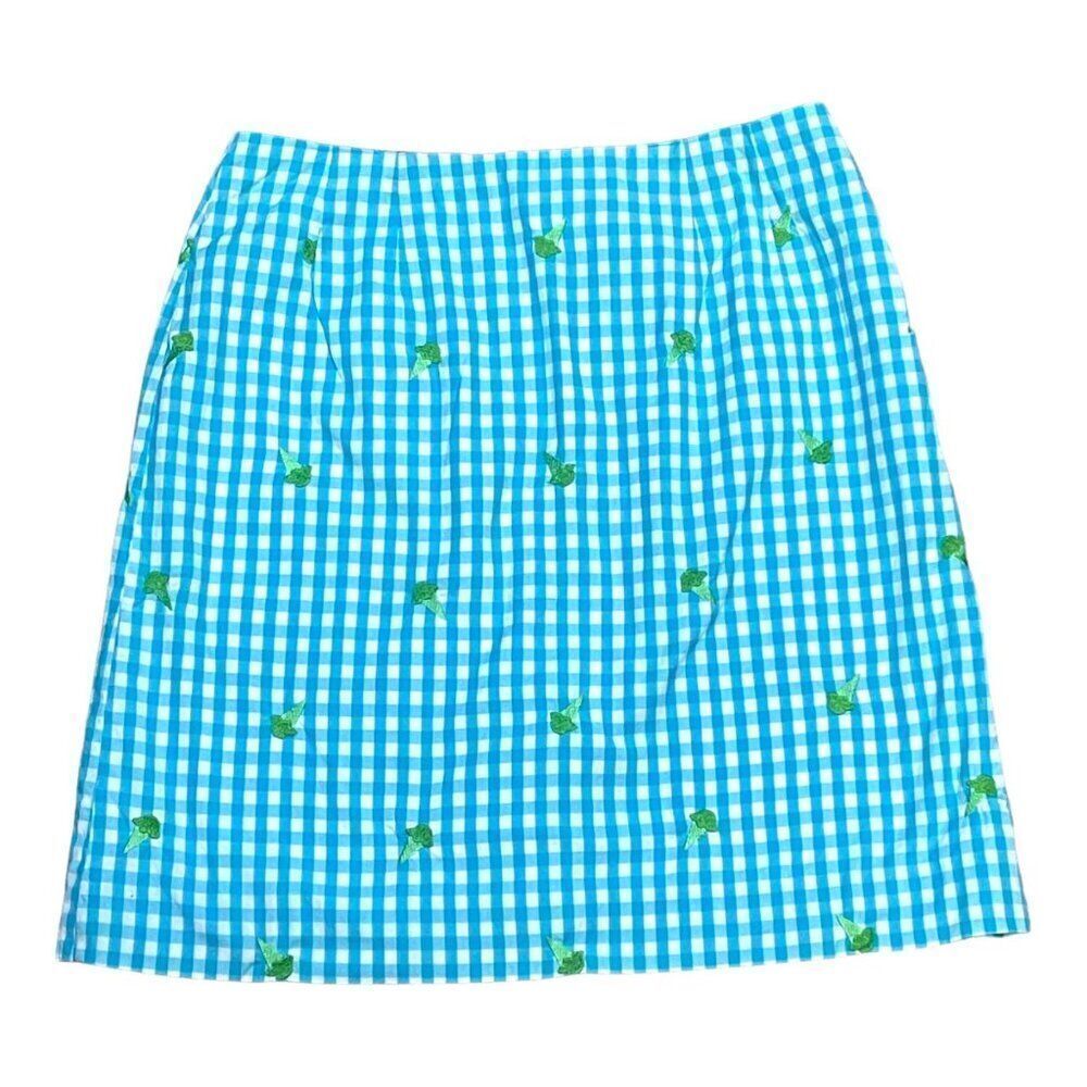 Lilly Pulitzer Blue Gingham Skirt With Green Embroidered Ice Cream Cotton Size 4